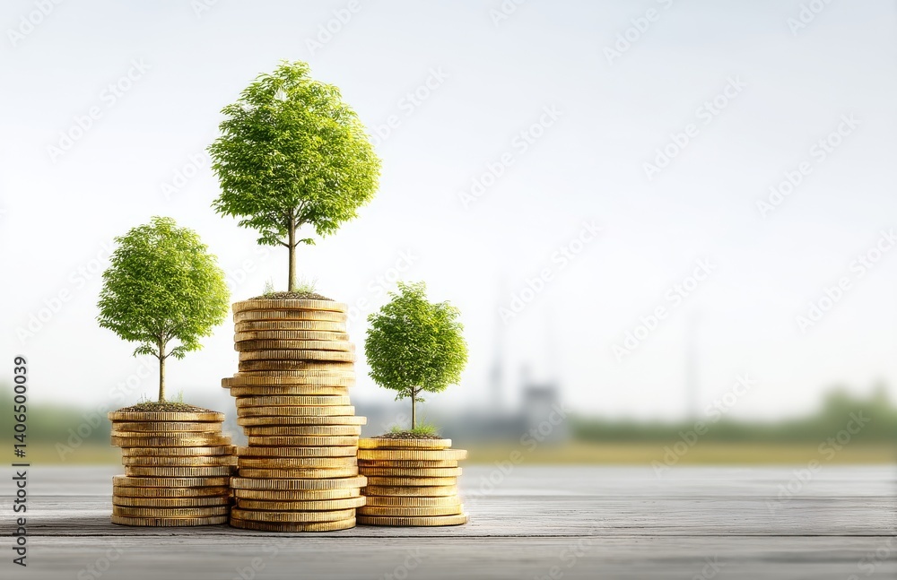 Growth of Financial Success Illustrated by Stack of Coins Surrounded by Lush Green Trees