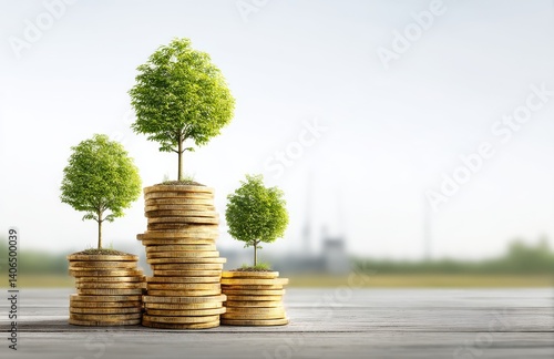 Obraz na płótnie Growth of Financial Success Illustrated by Stack of Coins Surrounded by Lush Green Trees w salonie