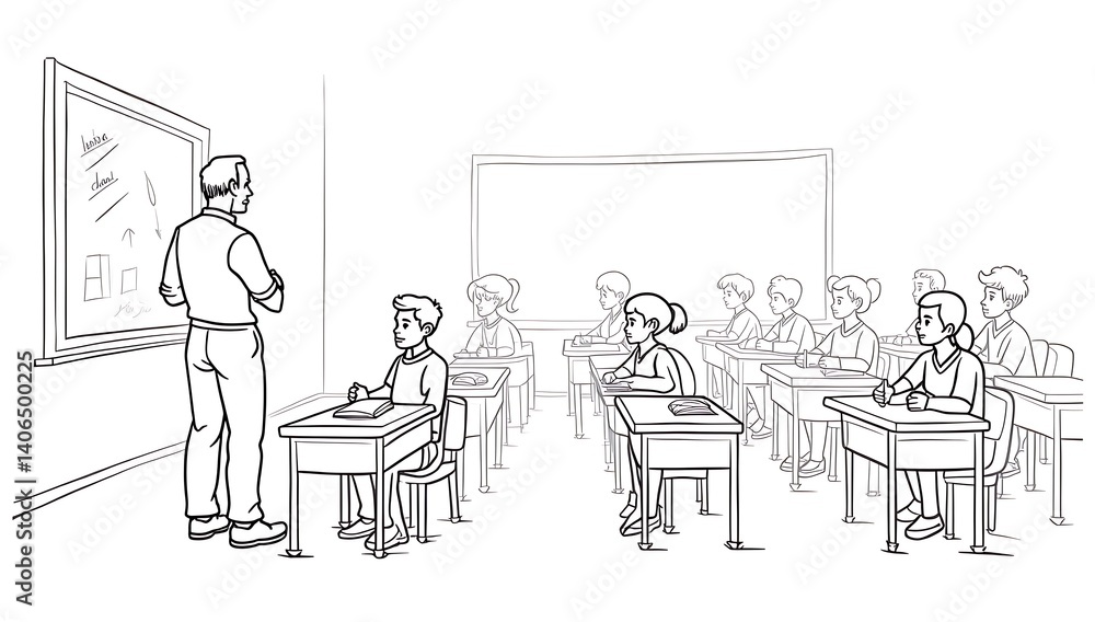Obraz premium Outline of a classroom scene with blackboard, teacher, desks, and students. Black line style for school-themed coloring page, white background.