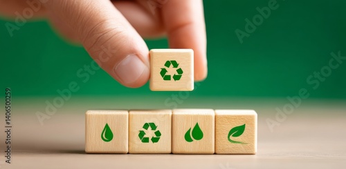 Hand Placing Eco-Friendly Block with Recycling Symbol on Wooden Table Against Green Background