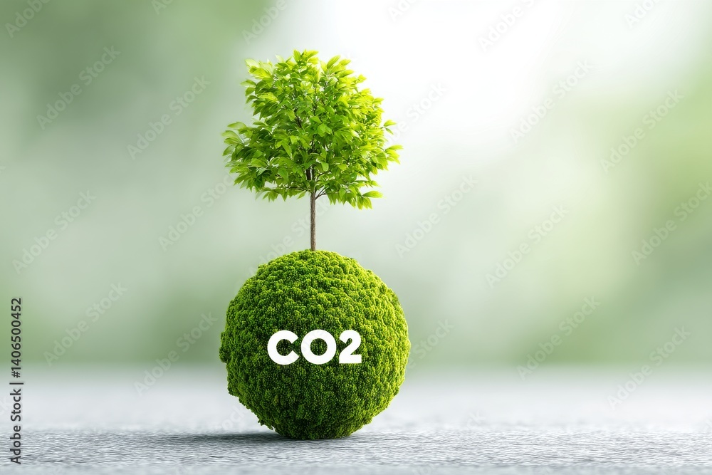 Green Planet Covered with Moss and a Tree Surrounded by Nature Symbols for Environmental Concepts