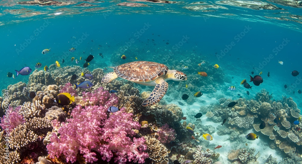 Fototapeta premium A sea turtle swimming in the sea, environment, save the earth, earth day