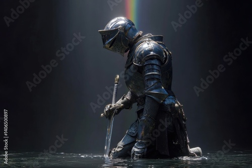 Medieval knight in full plate armor kneels in water, reflecting sorrow.