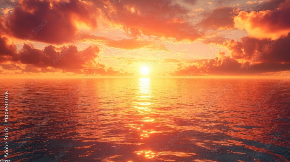 Fototapeta premium A breathtaking sunset over a calm ocean, featuring vibrant orange and pink clouds reflecting on the water's surface.
