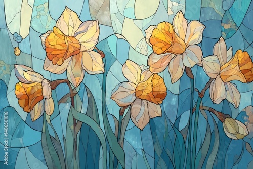 Colorful stained glass daffodils in a vibrant blue background.
