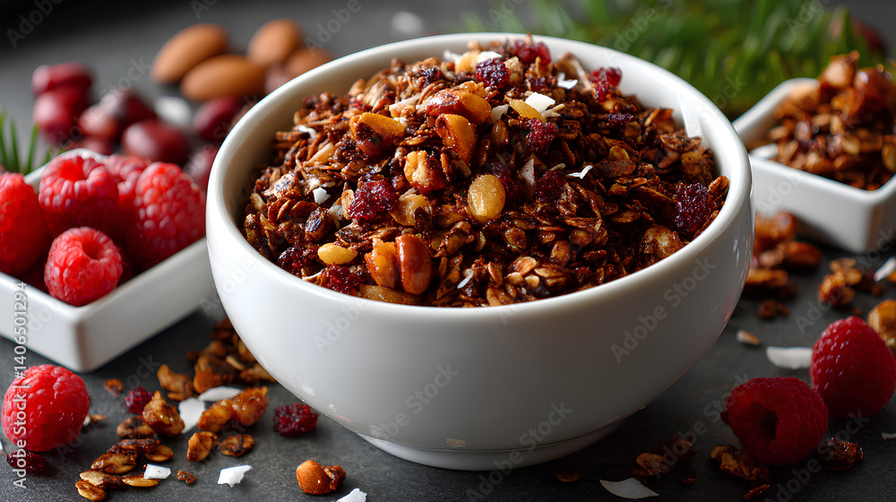 Healthy chocolate granola with cocoa roasted nuts dried fruit and toasted coconut sweetened with maple syrup and brown sugar for wholesome snacking
Healthy chocolate granola with cocoa roasted nuts dried fruit and toasted coconut sweetened with maple syrup and brown sugar for wholesome snacking