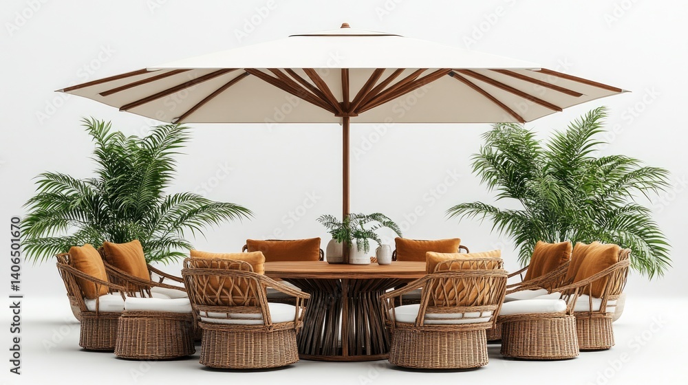 Fototapeta premium Patio dining set featuring a table, chairs, and a square umbrella on a white backdrop