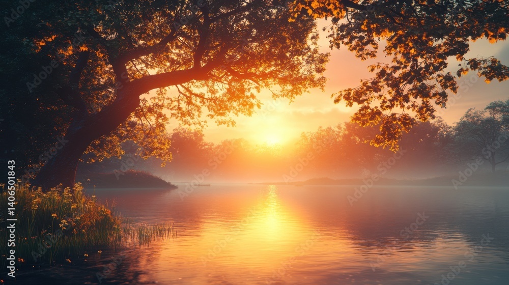 A serene sunset over a tranquil lake, framed by lush trees and soft mist, creating a peaceful natural atmosphere. A serene sunset over a tranquil lake, framed by lush trees and soft mist, creating a peaceful natural atmosphere.