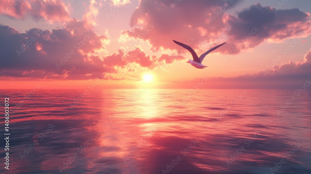 Naklejka premium A serene sunset over the ocean, with vibrant colors reflecting on the water and a bird soaring through the sky, creating a tranquil atmosphere.