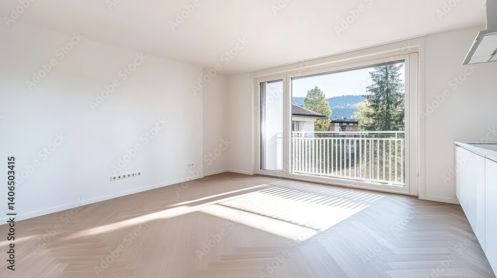 Fototapeta premium Bright, modern, empty apartment interior. Natural light streams through expansive windows, showcasing a tranquil mountain view. 