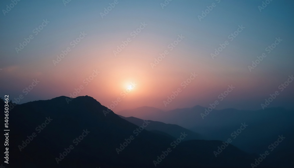Fototapeta premium Sunset Silhouette over Mountains: A breathtaking vista unfolds as the setting sun casts a warm glow upon the majestic mountain range, painting the sky in hues of orange, pink, and purple.