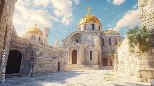 Ancient stone church complex under a bright sky