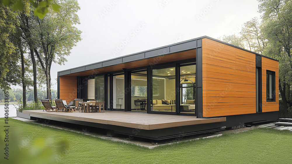 Fototapeta premium Modern prefabricated house with wooden exterior and large windows