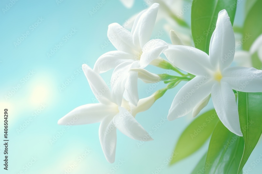 Fototapeta premium Delicate white flowers against a soft blue background