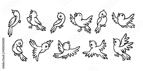 Birds from Signs of Spring collection. Set of isolated outline silhouettes of cartoon birds - flying, sitting, chirping, with spread and folded wings for coloring books, postcards, printing