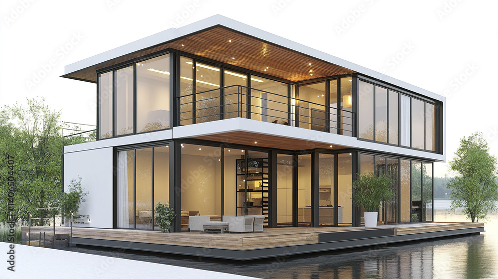 Modern prefabricated house with large windows and wooden deck Modern prefabricated house with large windows and wooden deck