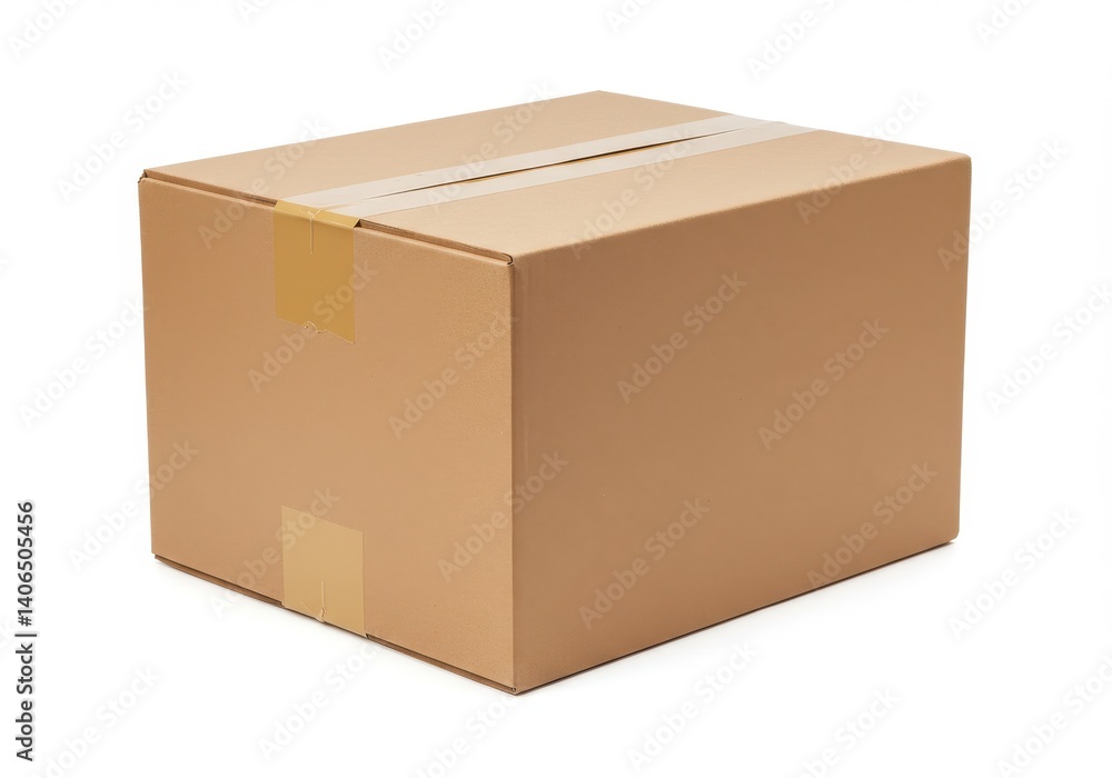 A simple cardboard box sealed with tape on a white background in a studio setting for product shots A simple cardboard box sealed with tape on a white background in a studio setting for product shots