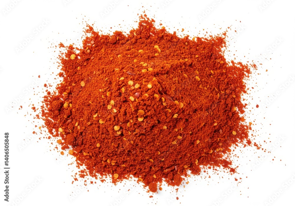 A close up shot of a pile of red chili flakes against a plain white background in a studio shot