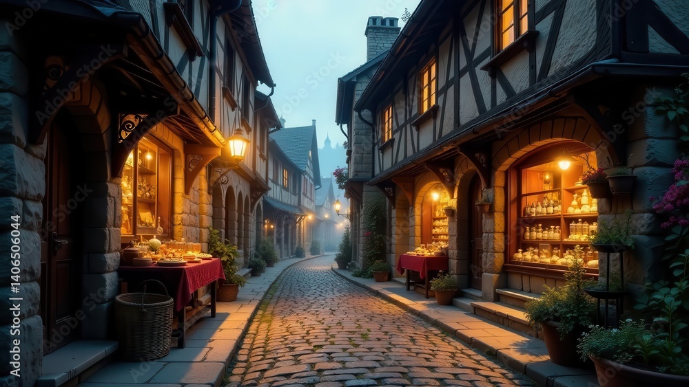 Obraz premium Twilight Enchantment A Cobblestone Lane of Quaint Shops and Warm Lighting in an Old European-Style Village