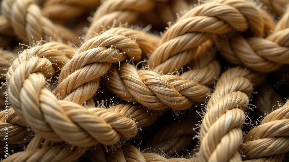 Intricate Texture of Natural Fiber Rope, Close-up Detail Showing the Twists and Intertwining Strands, a Study in Natural Materials Intricate Texture of Natural Fiber Rope, Close-up Detail Showing the Twists and Intertwining Strands, a Study in Natural Materials