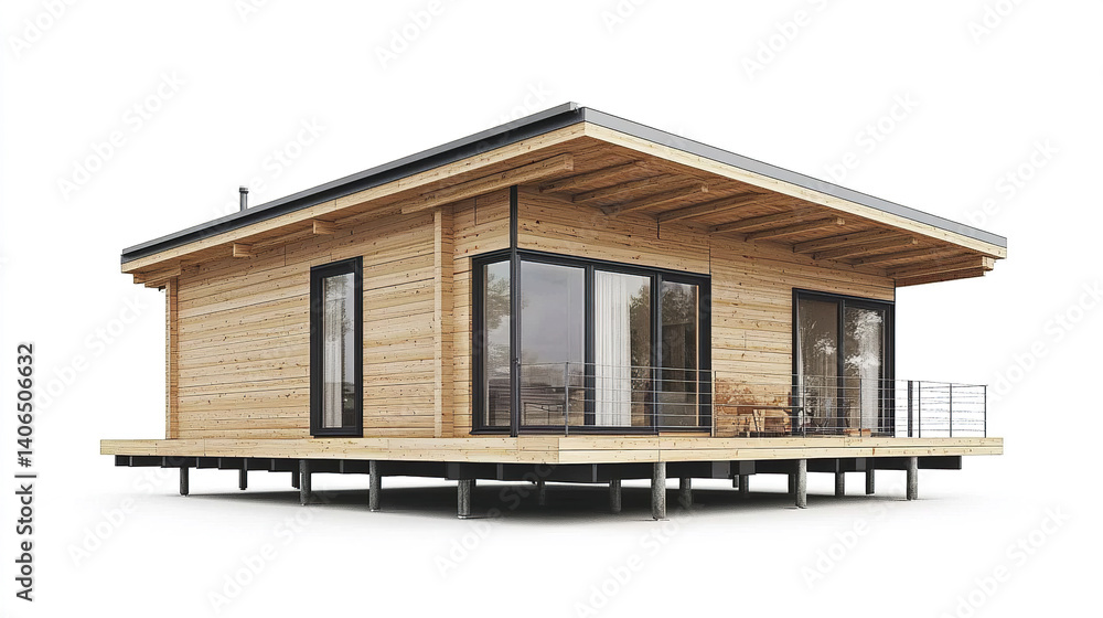 Modern prefabricated wooden house with large windows Modern prefabricated wooden house with large windows