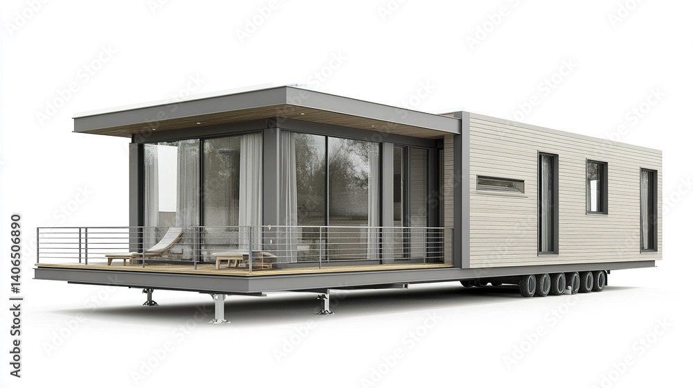 Modern prefabricated house with large windows and deck Modern prefabricated house with large windows and deck