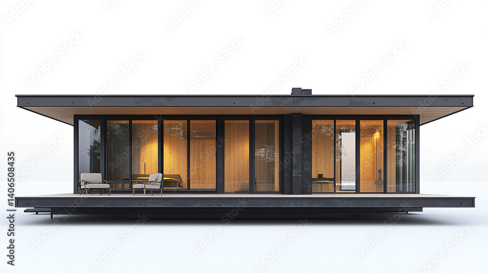 Modern prefabricated house with glass walls and warm lighting Modern prefabricated house with glass walls and warm lighting