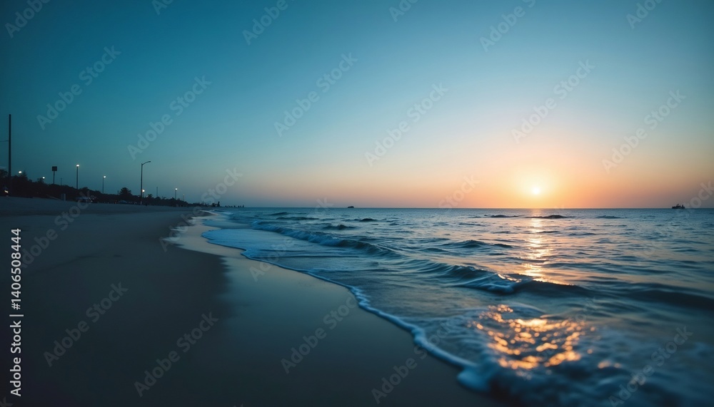 Obraz premium Seaside Serenity at Sunset: A mesmerizing view of a calm sea at dusk, the sun descending gracefully towards the horizon. The scene showcases a tranquil beach with the soft sounds of waves.
