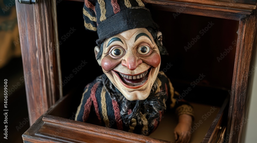 Fototapeta premium Antique wooden puppet in a cabinet drawer.