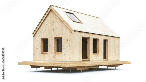 Wooden prefabricated house with solar panel on white background