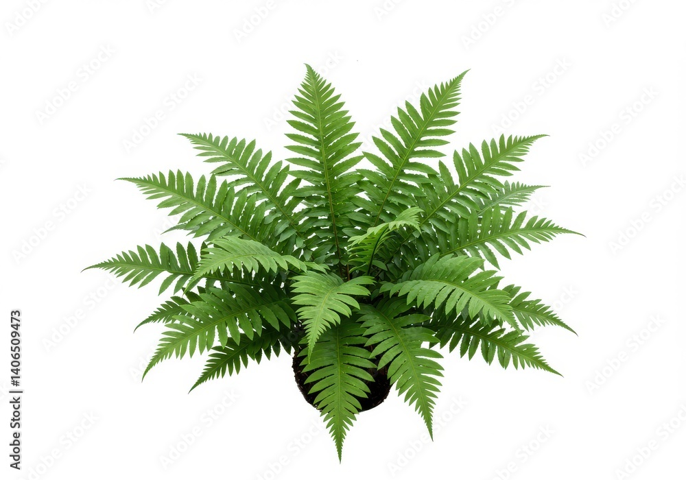 An overhead shot of a potted fern with vibrant green fronds against a white background in a studio setting An overhead shot of a potted fern with vibrant green fronds against a white background in a studio setting