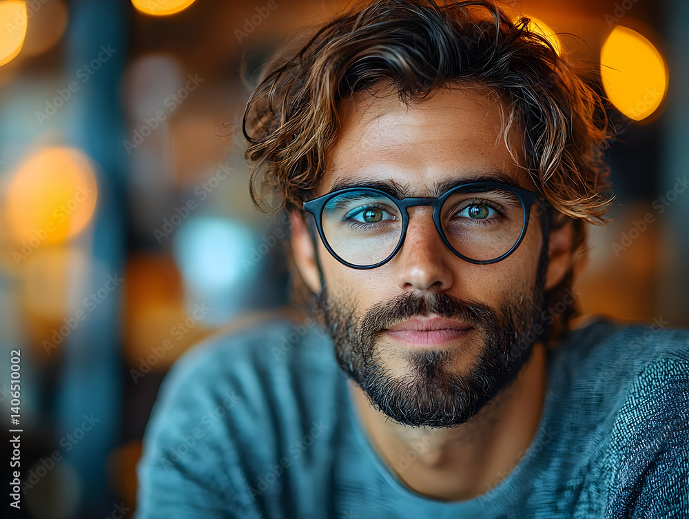Close-up Portrait of a Man with Wavy Brown Hair, Wearing Round Glasses, and a Teal Sweater. Close-up Portrait of a Man with Wavy Brown Hair, Wearing Round Glasses, and a Teal Sweater.