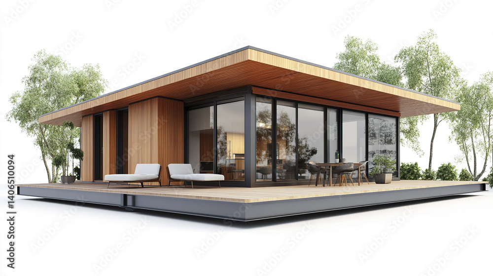 Fototapeta premium Modern prefabricated house with wooden accents and large windows