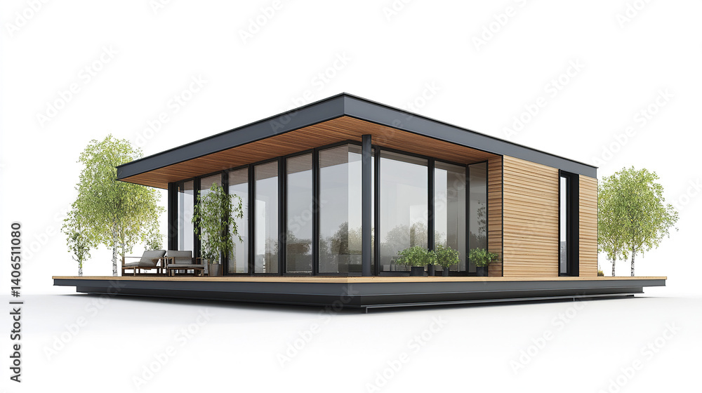 Fototapeta premium Modern prefabricated house with large windows and wooden panels