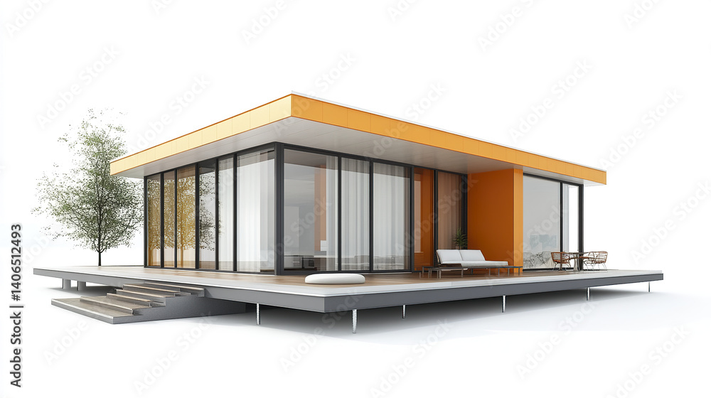 Fototapeta premium Modern prefabricated house with orange accents on white background