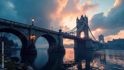 Serene Sunset Hues Over an Iconic Suspension Bridge and its Stone Archway Companions