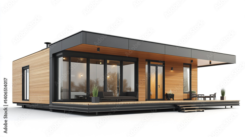 Fototapeta premium Modern prefabricated house with large windows on white background