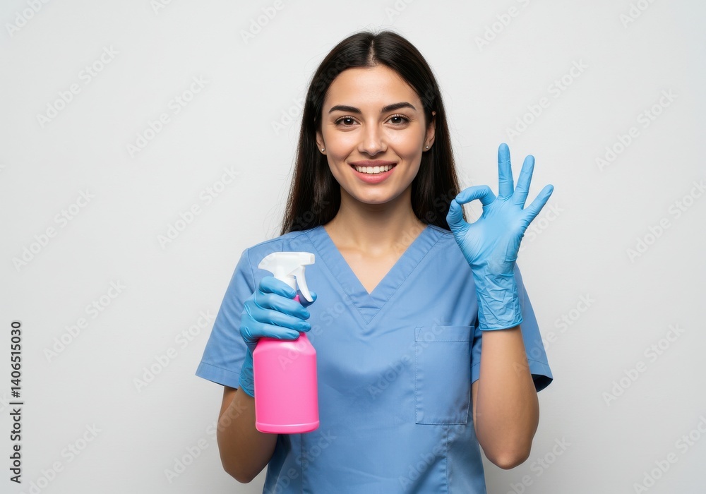 Woman in scrubs holds a pink spray bottle and makes an ok sign with her gloved hand smiling Woman in scrubs holds a pink spray bottle and makes an ok sign with her gloved hand smiling