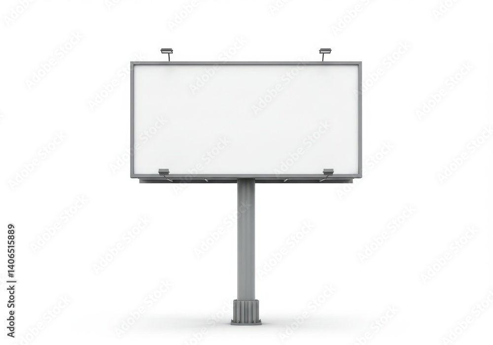 A front view of a blank billboard sign on a gray pole against a clean white background in studio shot A front view of a blank billboard sign on a gray pole against a clean white background in studio shot