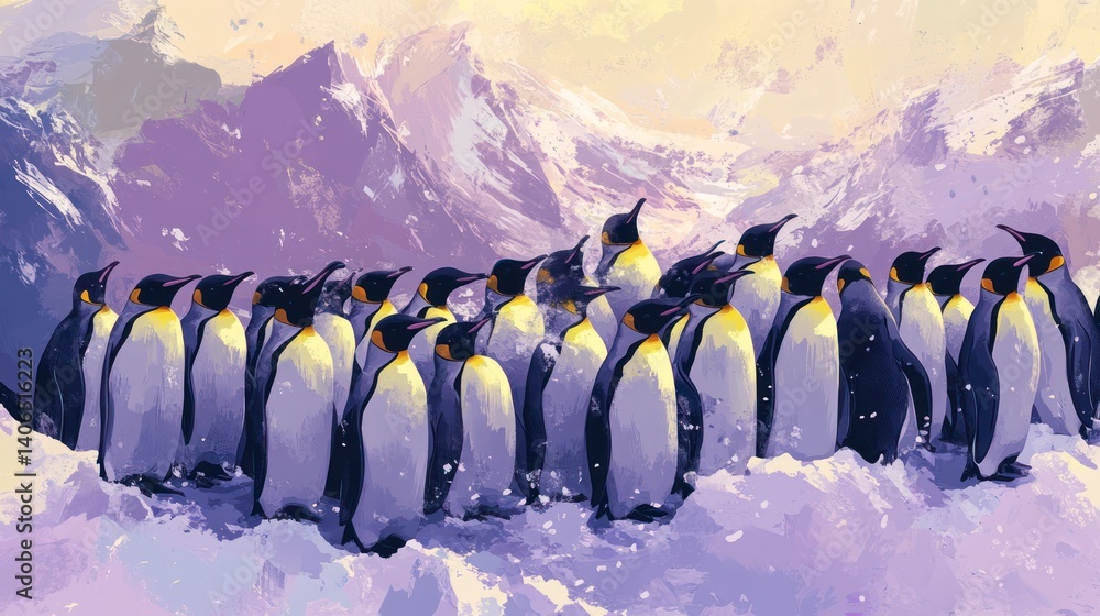 Obraz premium Emperor Penguins Assemblage at the Antarctic Mountain Under a Cloudy Sky