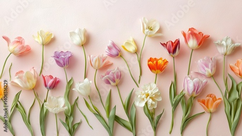 Array of Colorful Tulips Laid Out on a Soft Background