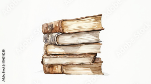 A whimsical watercolor illustration, depicting a stack of old, leather-bound books with their pages turned translucent, against a pristine white background 