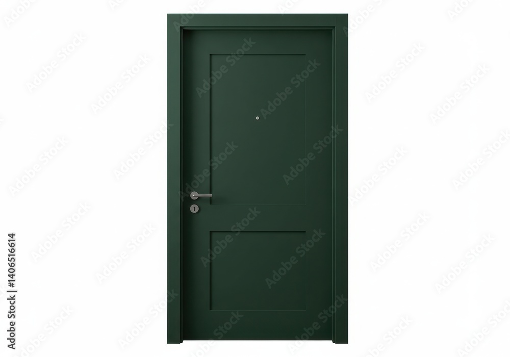 A dark green door with silver handle and peephole against a white background in a studio shot A dark green door with silver handle and peephole against a white background in a studio shot