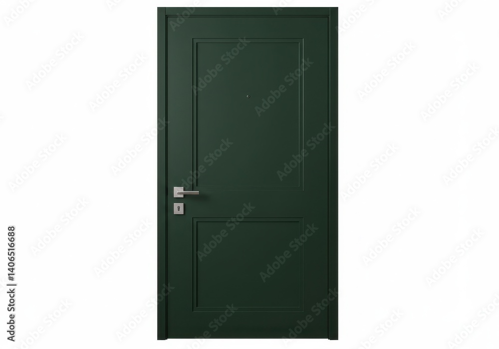 A dark green door with silver handle and lock on a white background in a studio setting style shot A dark green door with silver handle and lock on a white background in a studio setting style shot