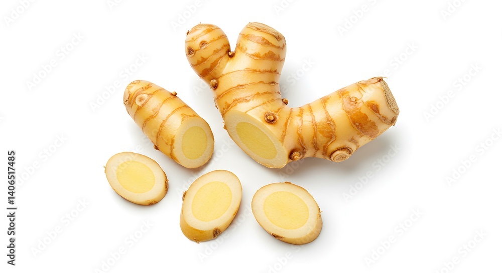 Galangal root with slices isolated Top view flat lay
