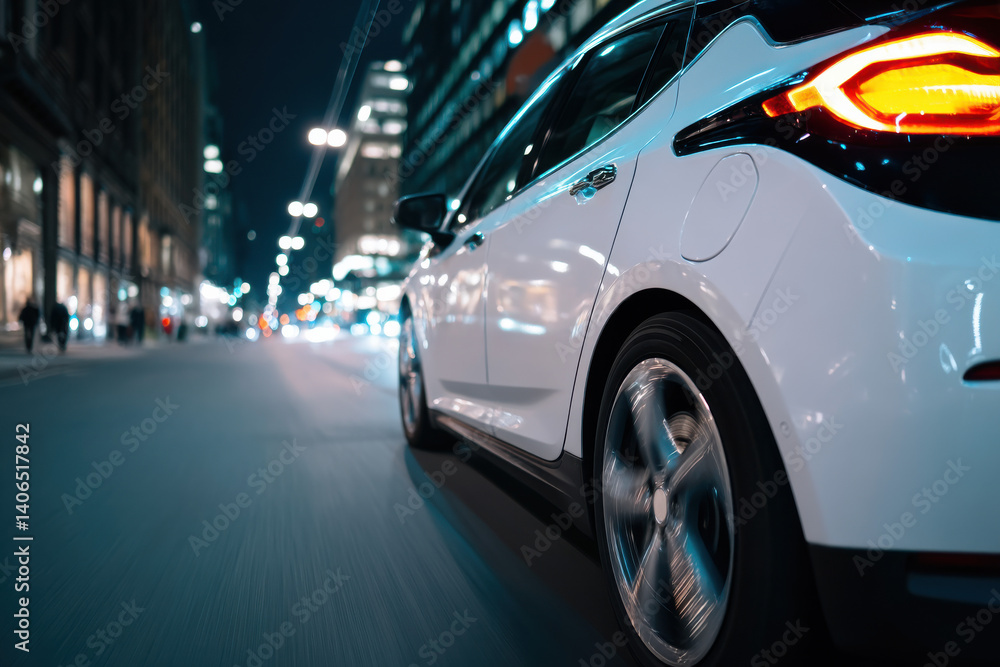 Electric powered car drives on city street while night Electric powered car drives on city street while night