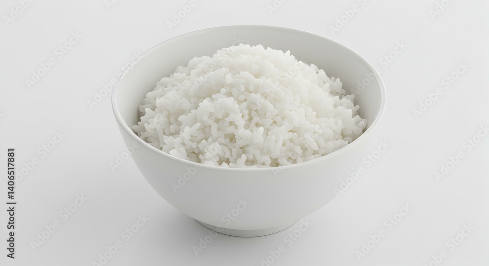 Rice in white bowl on white background Simple food photo Rice in white bowl on white background Simple food photo