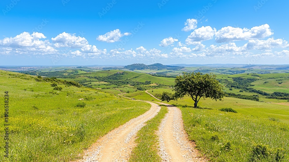 Obraz premium Scenic dirt road winding through lush green field under blue sky