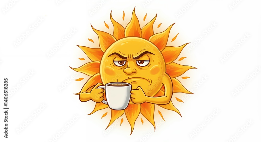 Cartoon sun drinking coffee morning character illustration Cartoon sun drinking coffee morning character illustration