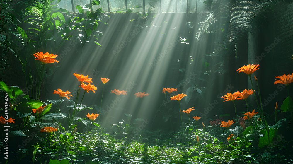 Fototapeta premium Orange Flowers in a Lush Garden Bathed in Sunlight